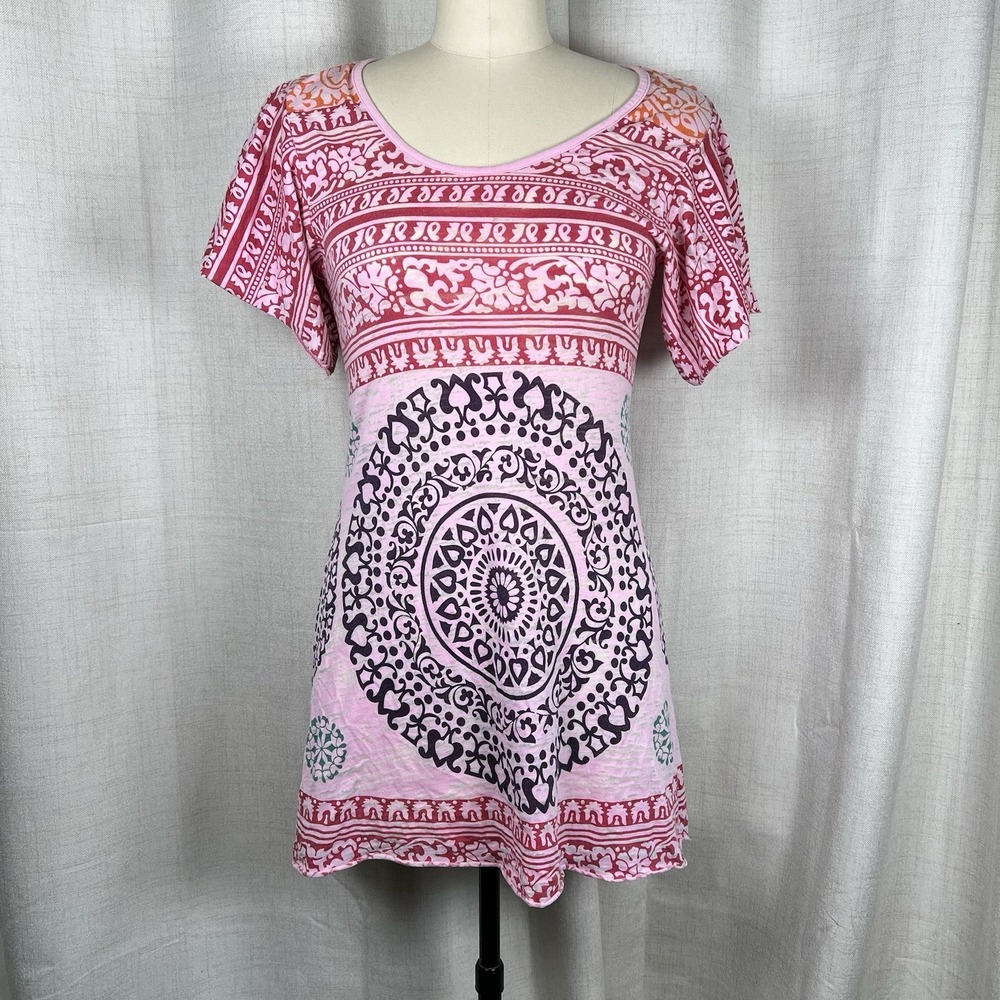 Free People Bohemian Tunic Abstract Mandala Floral Scroll Art Deco Medium Pink
